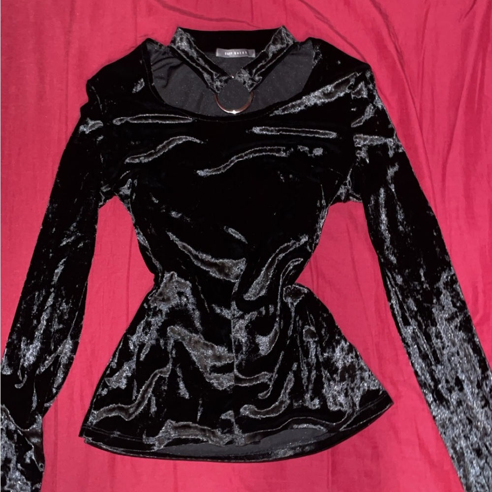Gothic Black Velvet Long Sleeve Top with built in choker
